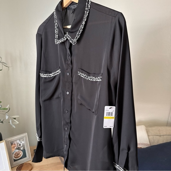 Laundry by Shelli Segal Long Sleeve Button Front Egret Blouse Boucle Trim M NWT - Picture 3 of 9